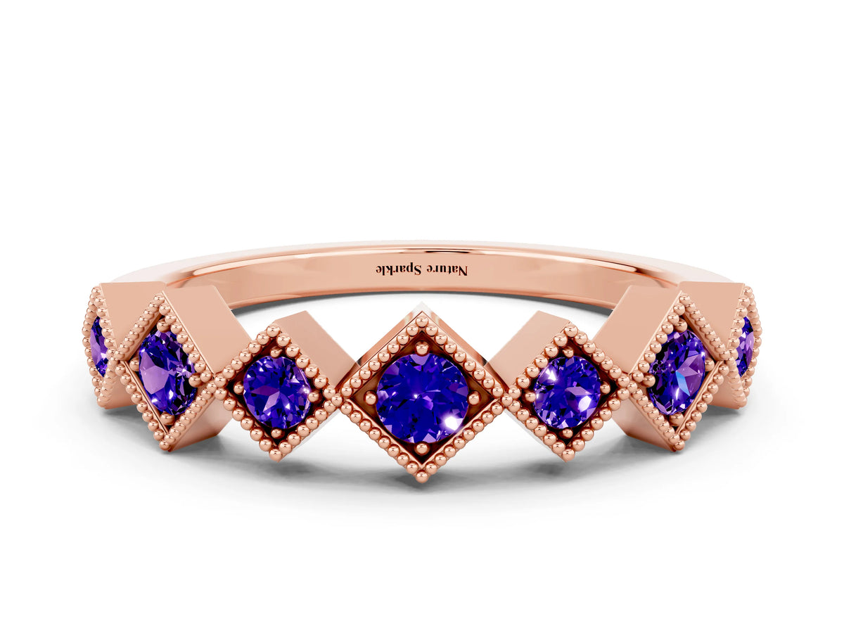 Round Tanzanite Square Bezel Chevron Band in Rose gold with Milgrain Detailing