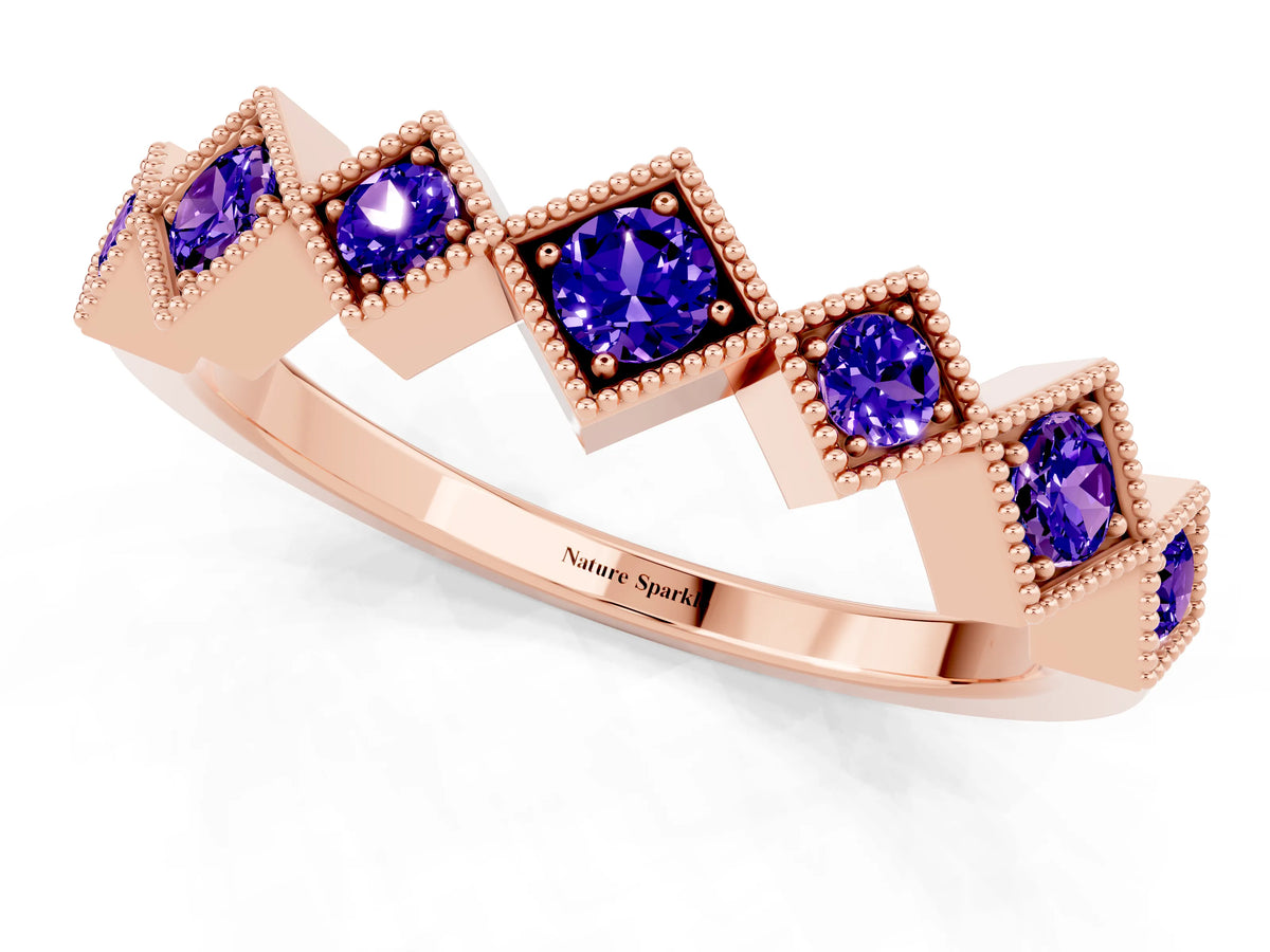 Round Tanzanite Square Bezel Chevron Band in Rose gold with Milgrain Detailing_1