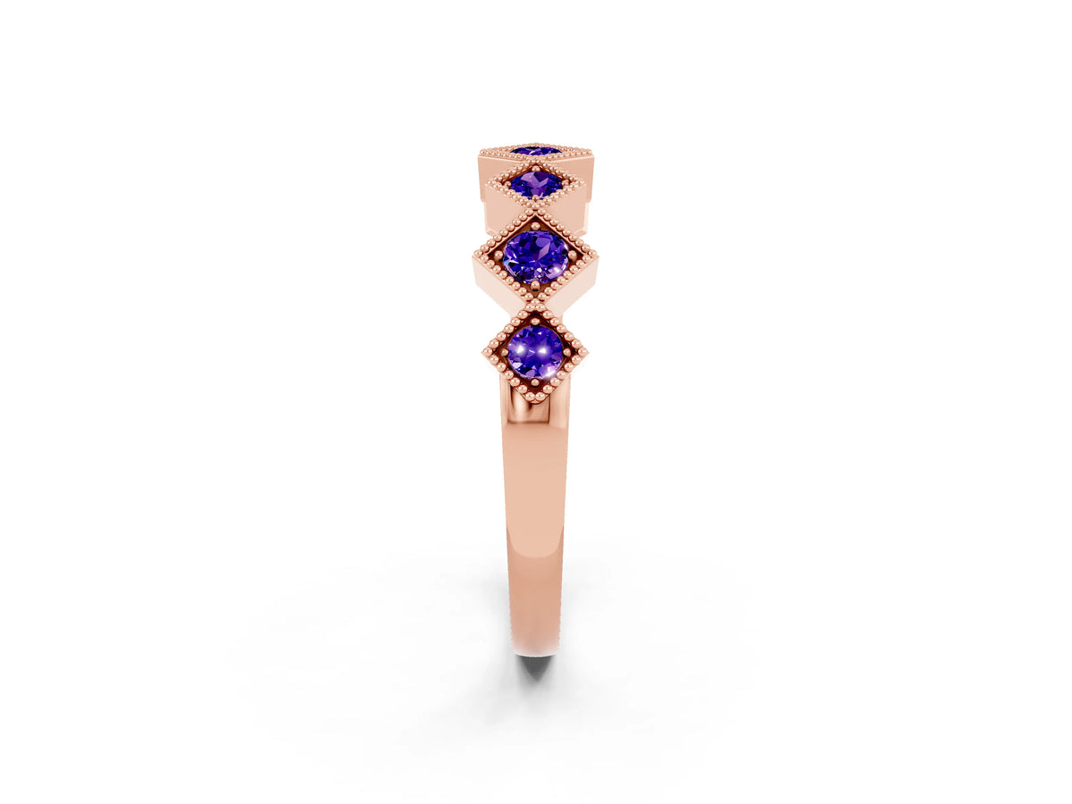 Round Tanzanite Square Bezel Chevron Band in Rose gold with Milgrain Detailing_2