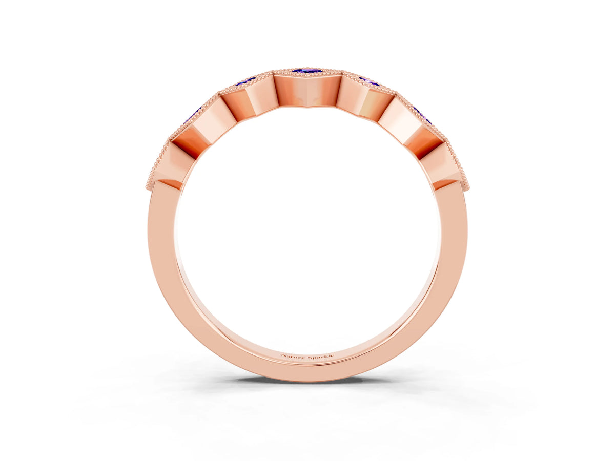 Round Tanzanite Square Bezel Chevron Band in Rose gold with Milgrain Detailing_3