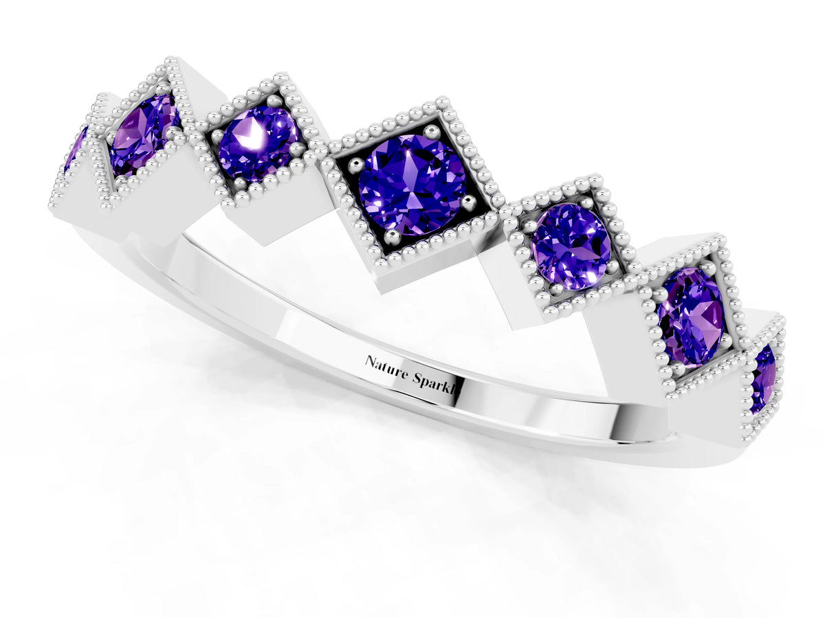 Round Tanzanite Square Bezel Chevron Band in Silver with Milgrain Detailing_1