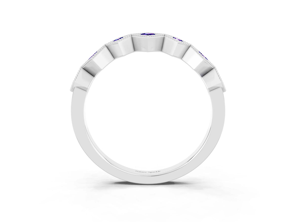 Round Tanzanite Square Bezel Chevron Band in White gold with Milgrain Detailing_3