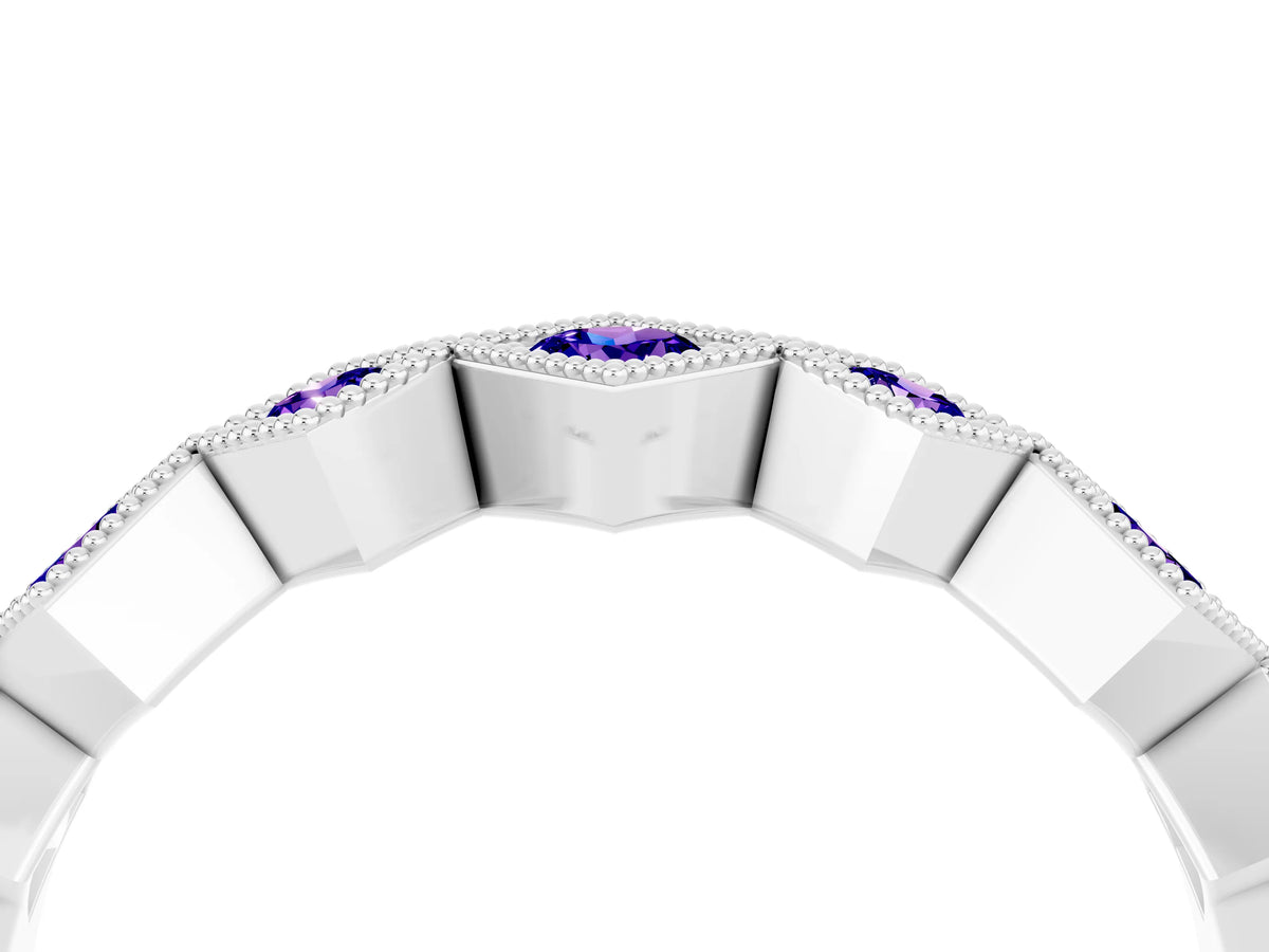 Round Tanzanite Square Bezel Chevron Band in White gold with Milgrain Detailing_4
