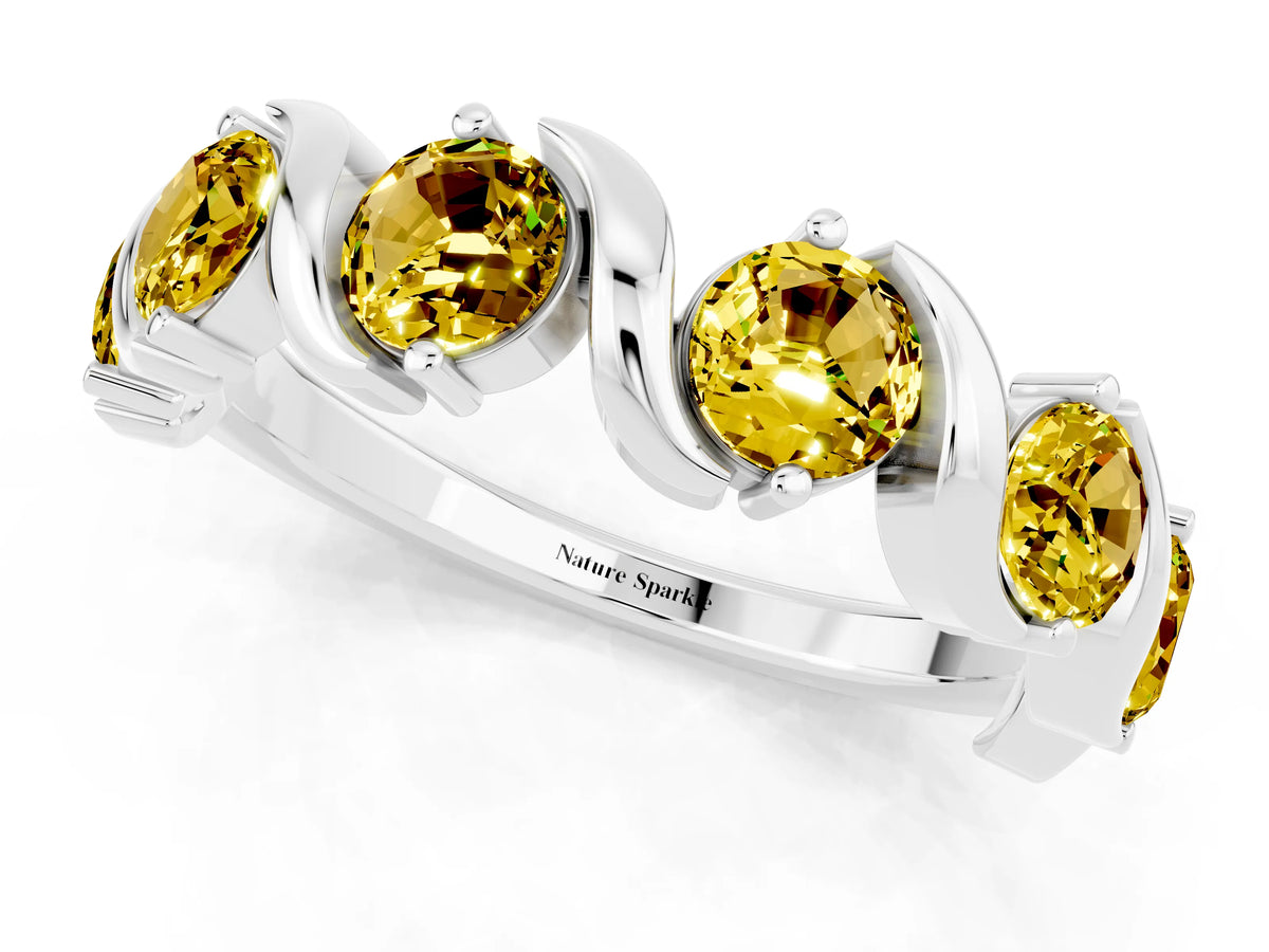 Round Yellow Sapphire Half Eternity Band in Platinum with Wave Prong Setting_1
