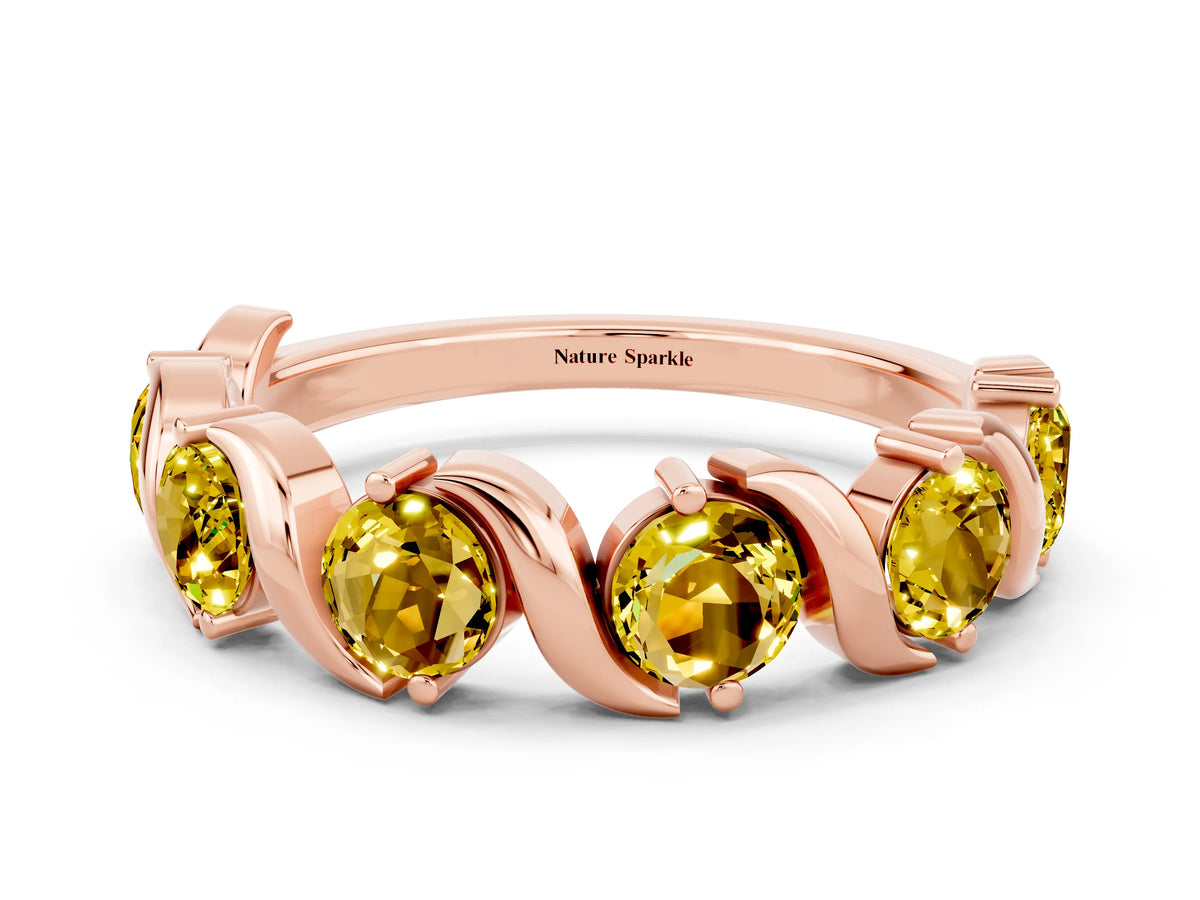 Round Yellow Sapphire Half Eternity Band in Rose gold with Wave Prong Setting