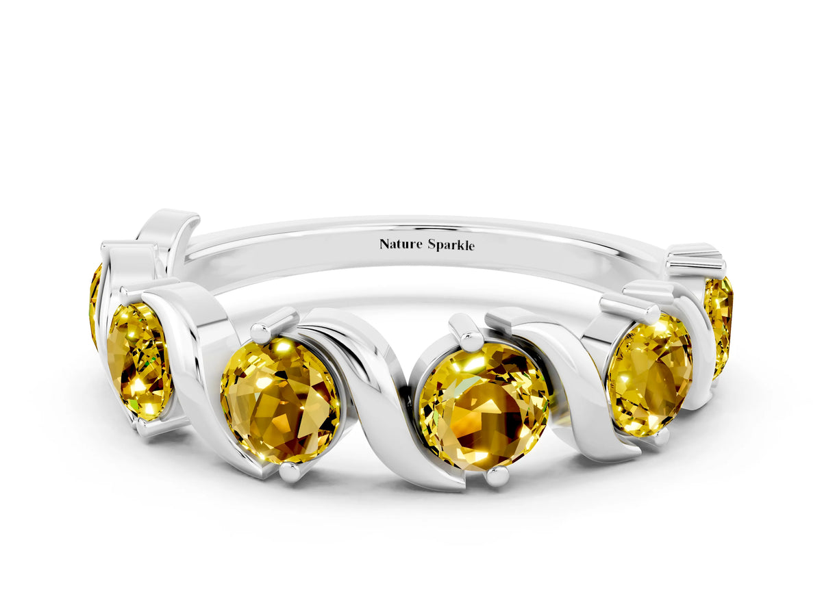 Round Yellow Sapphire Half Eternity Band in Silver with Wave Prong Setting