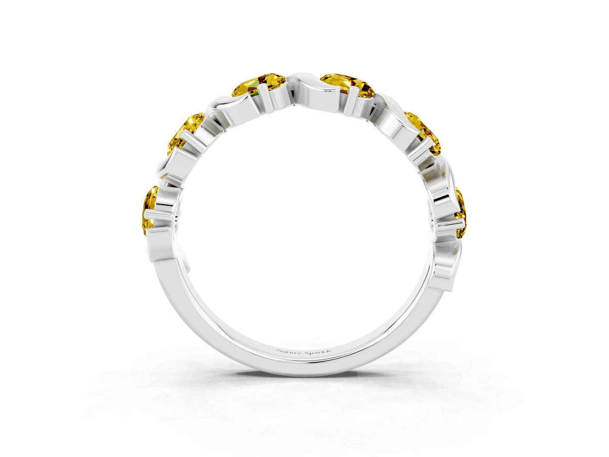 Round Yellow Sapphire Half Eternity Band in White gold with Wave Prong Setting_3