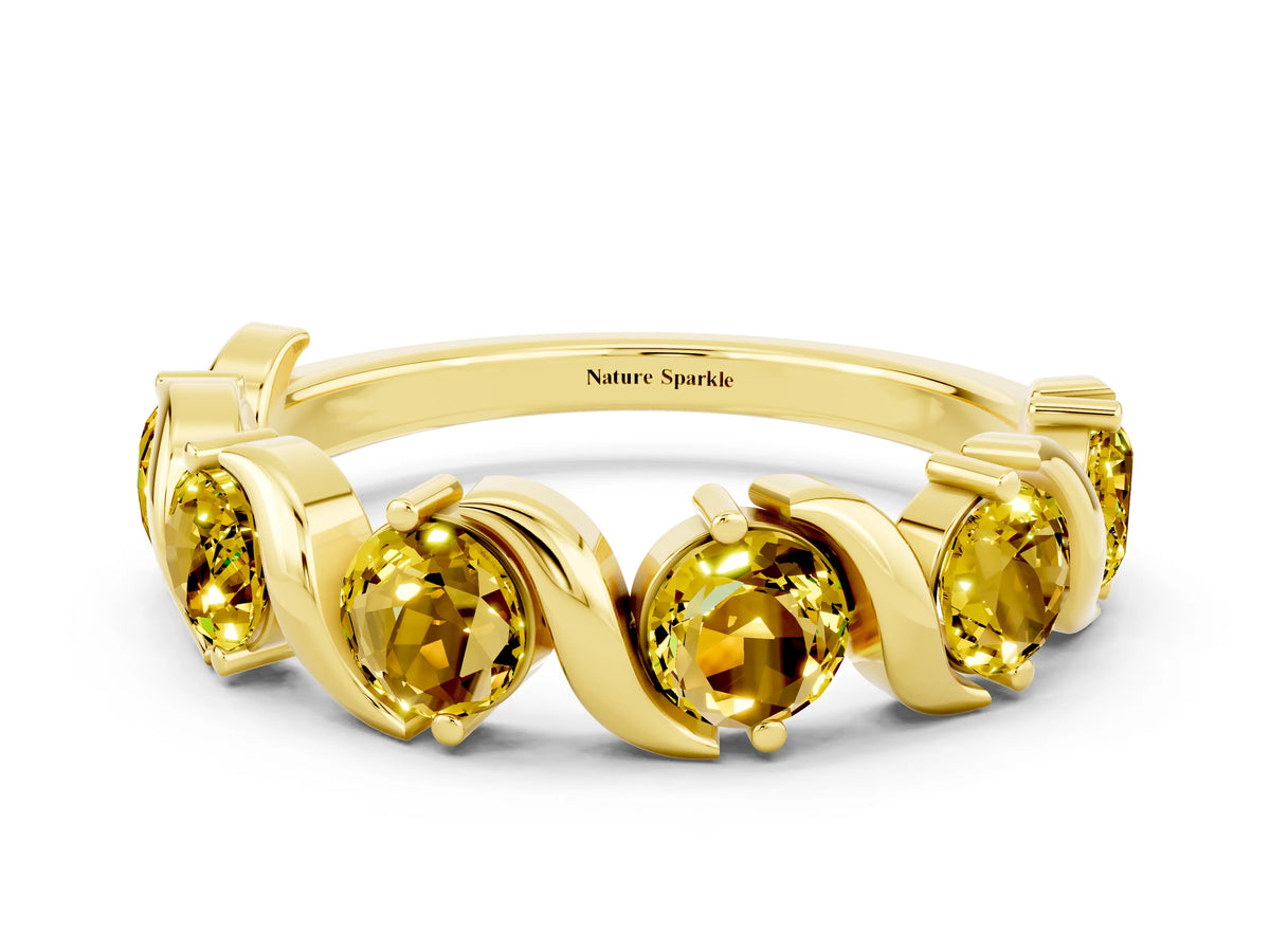 Round Yellow Sapphire Half Eternity Band in Yellow gold with Wave Prong Setting