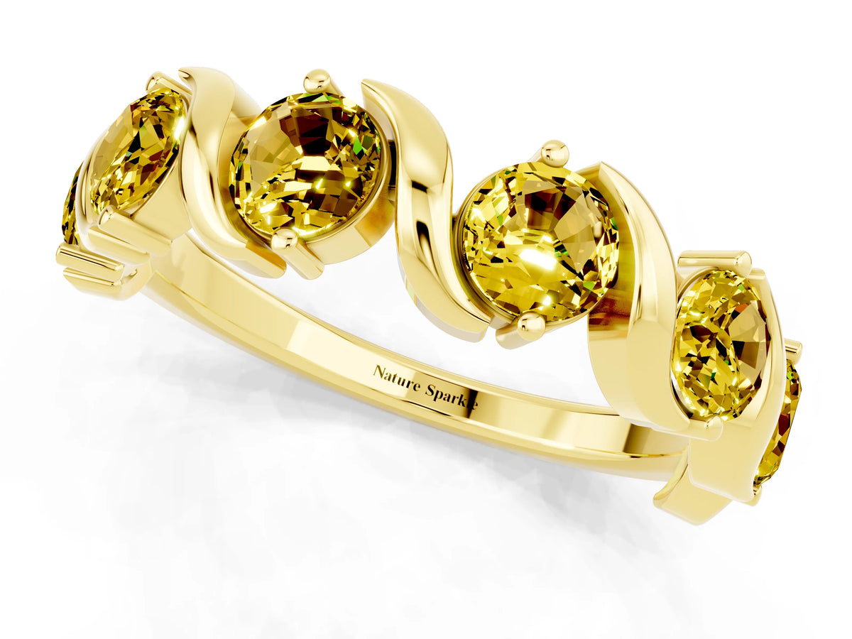 Round Yellow Sapphire Half Eternity Band in Yellow gold with Wave Prong Setting_1