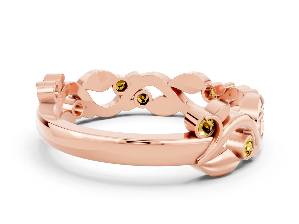 Round Yellow Sapphire Leaf Motif Eternity Band in Rose gold with Bezel Setting