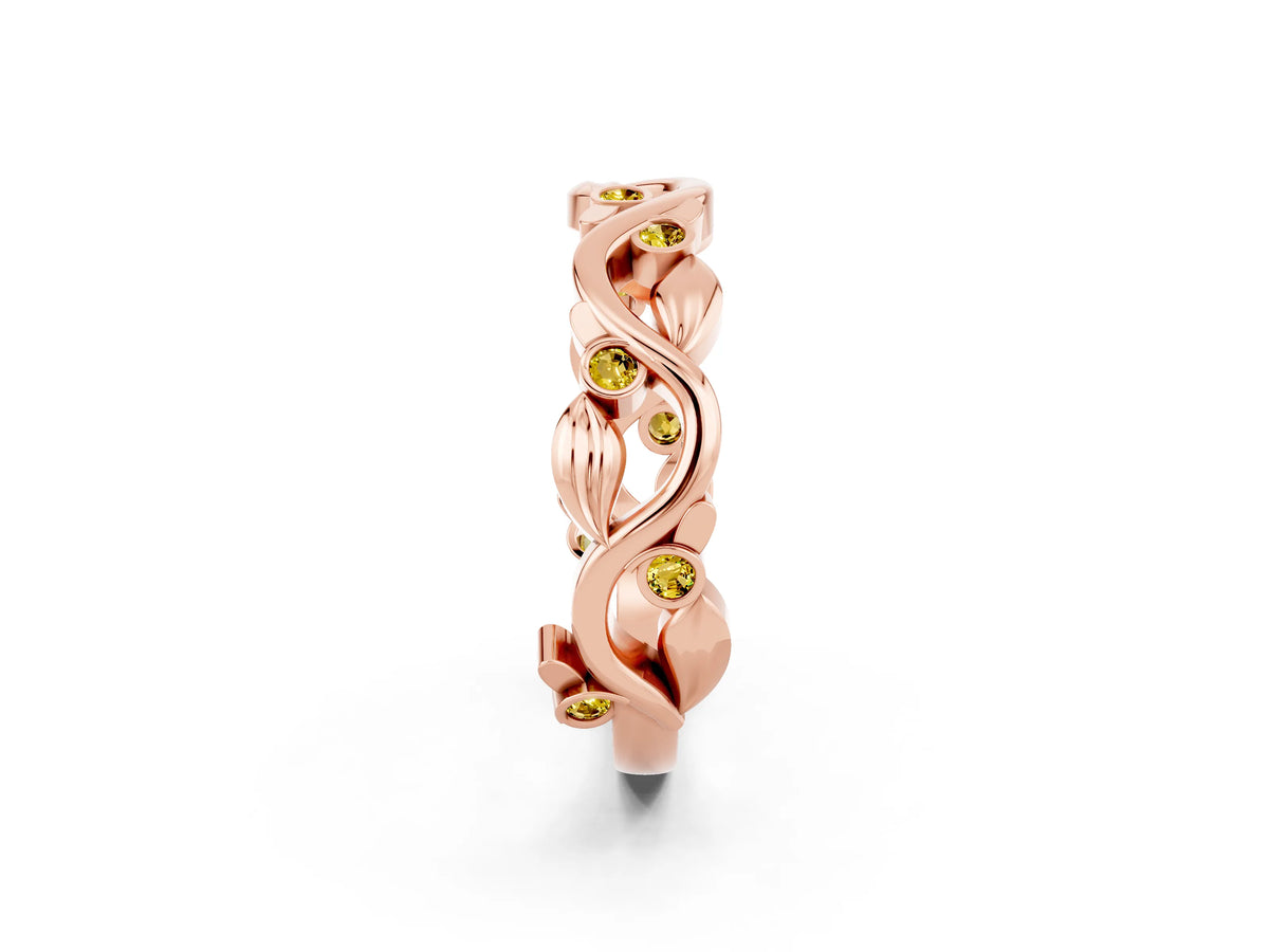 Round Yellow Sapphire Leaf Motif Eternity Band in Rose gold with Bezel Setting_2