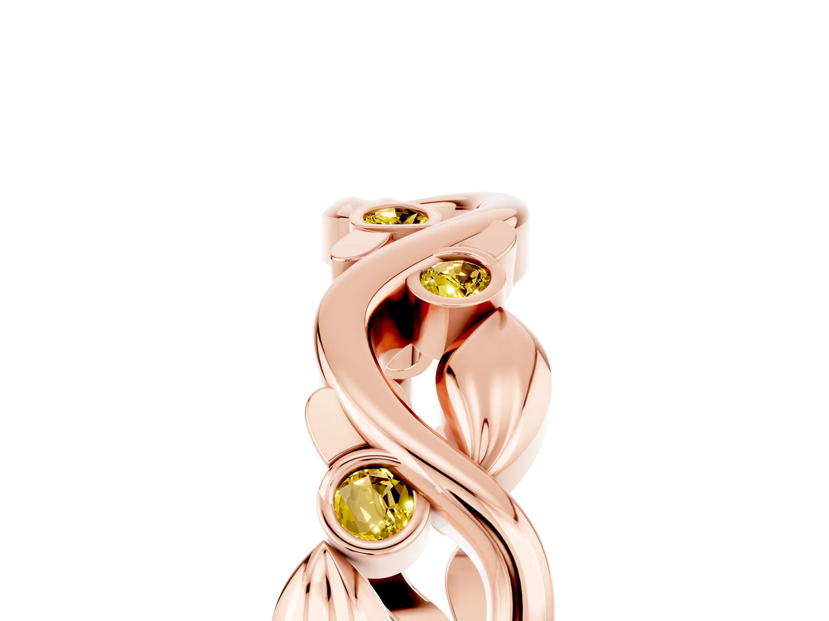 Round Yellow Sapphire Leaf Motif Eternity Band in Rose gold with Bezel Setting_5