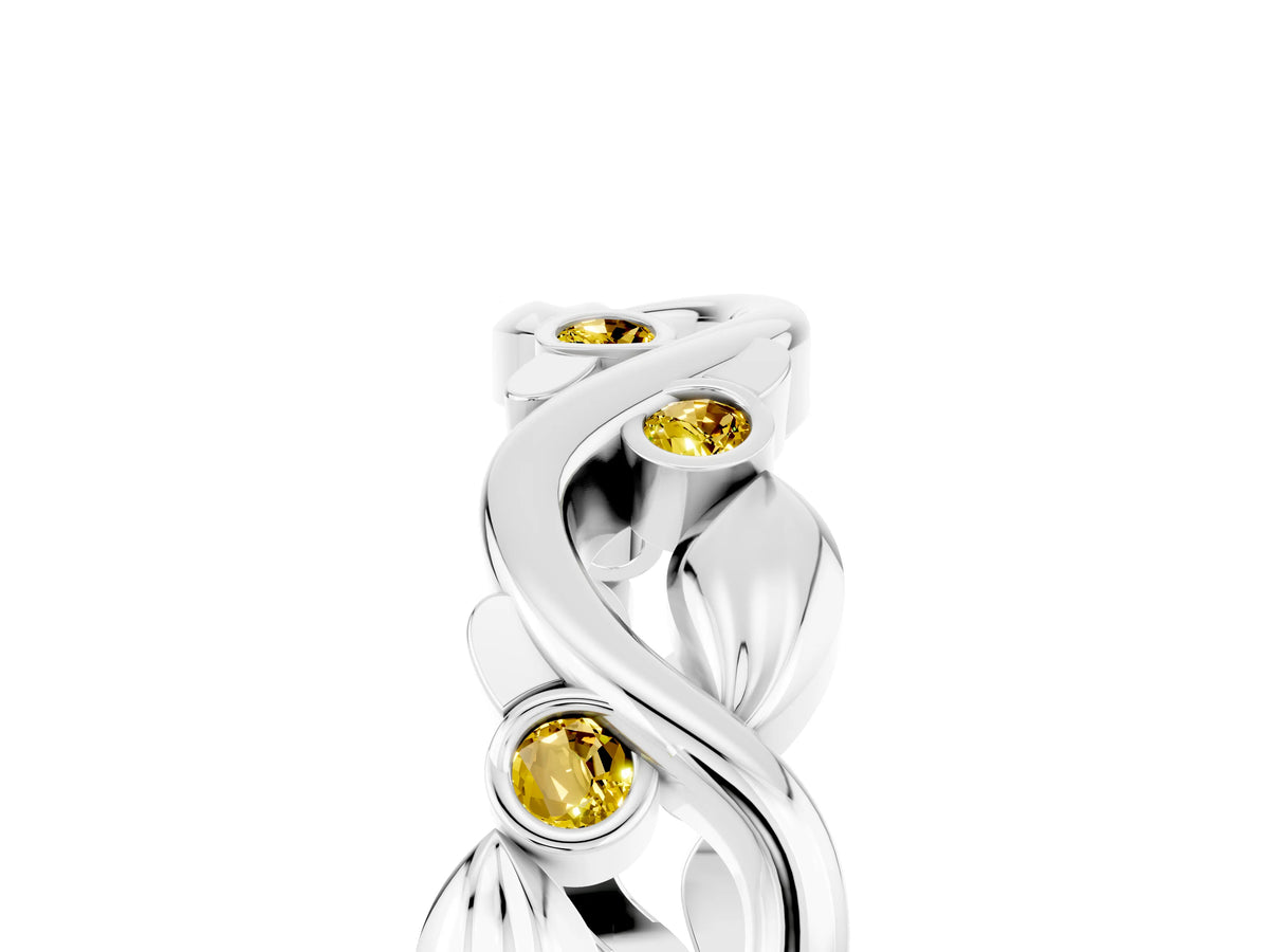 Round Yellow Sapphire Leaf Motif Eternity Band in Silver with Bezel Setting_5