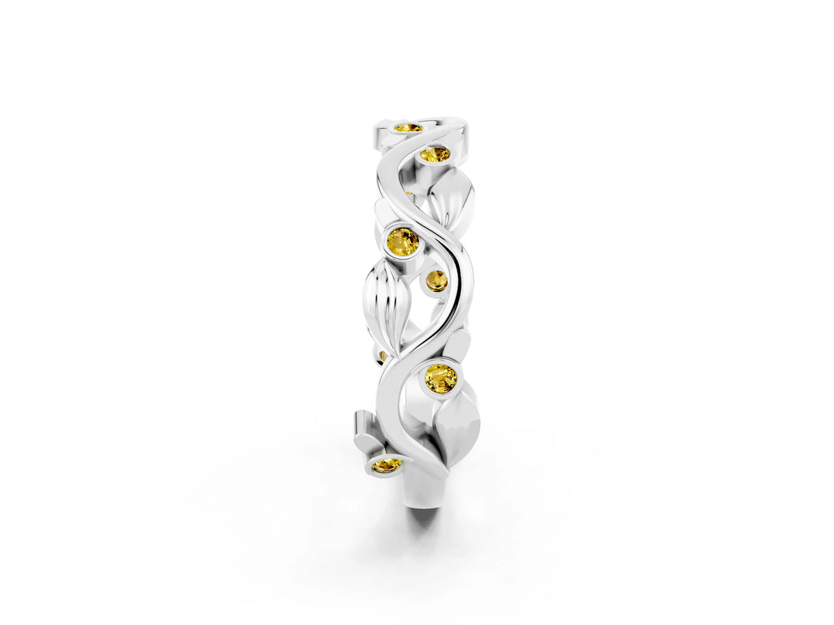 Round Yellow Sapphire Leaf Motif Eternity Band in White gold with Bezel Setting_2