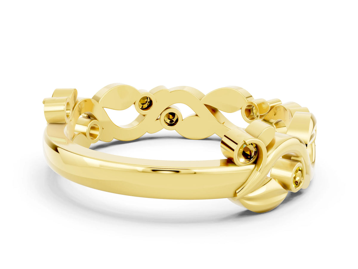Round Yellow Sapphire Leaf Motif Eternity Band in Yellow gold with Bezel Setting