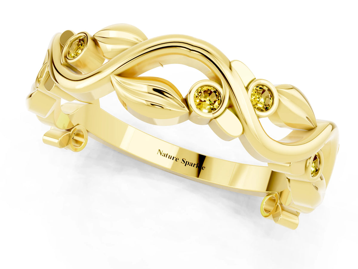 Round Yellow Sapphire Leaf Motif Eternity Band in Yellow gold with Bezel Setting_1
