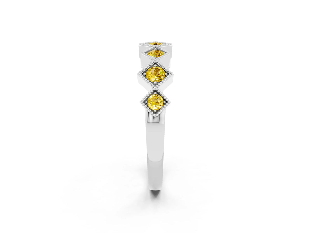 Round Yellow Sapphire Square Bezel Chevron Band in Platinum with Milgrain Detailing_2