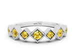 Round Yellow Sapphire Square Bezel Chevron Band in Silver with Milgrain Detailing