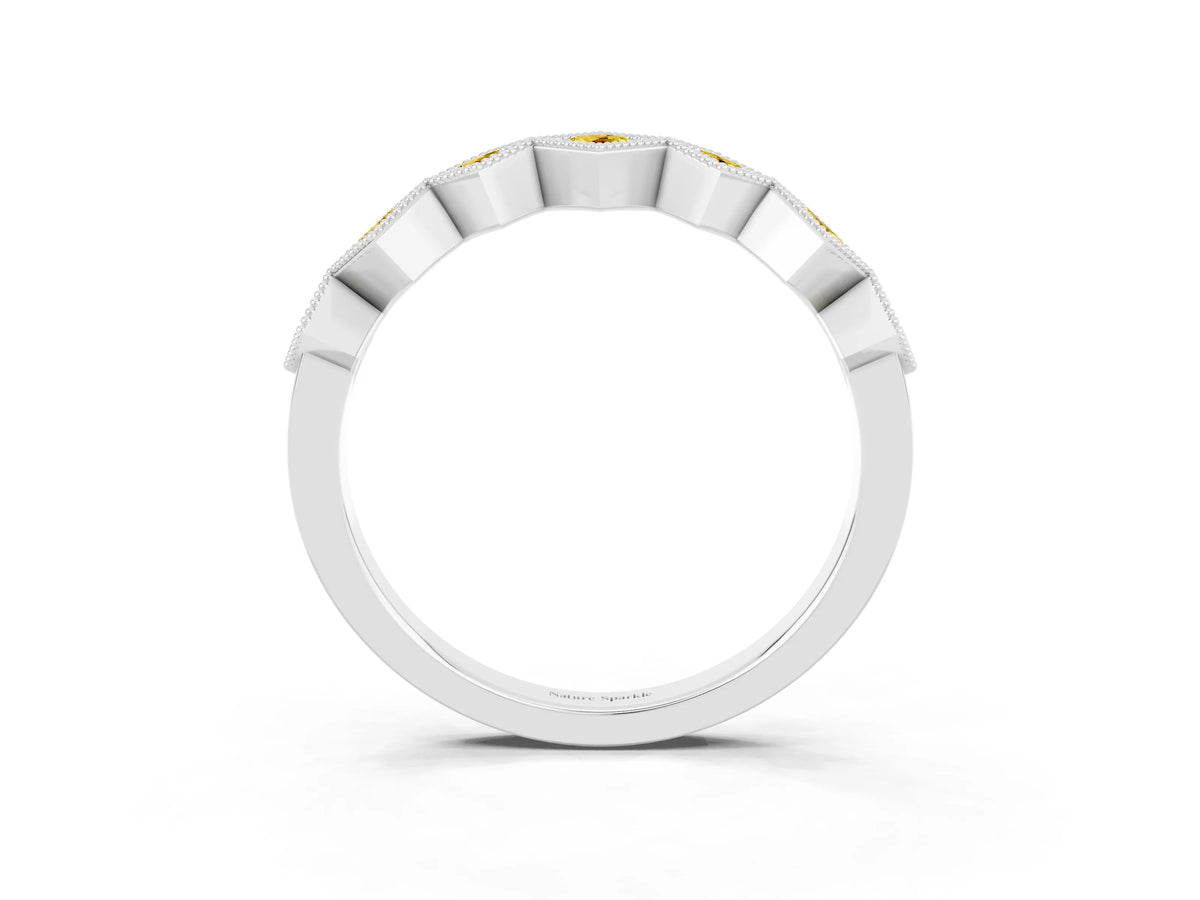 Round Yellow Sapphire Square Bezel Chevron Band in Silver with Milgrain Detailing_3
