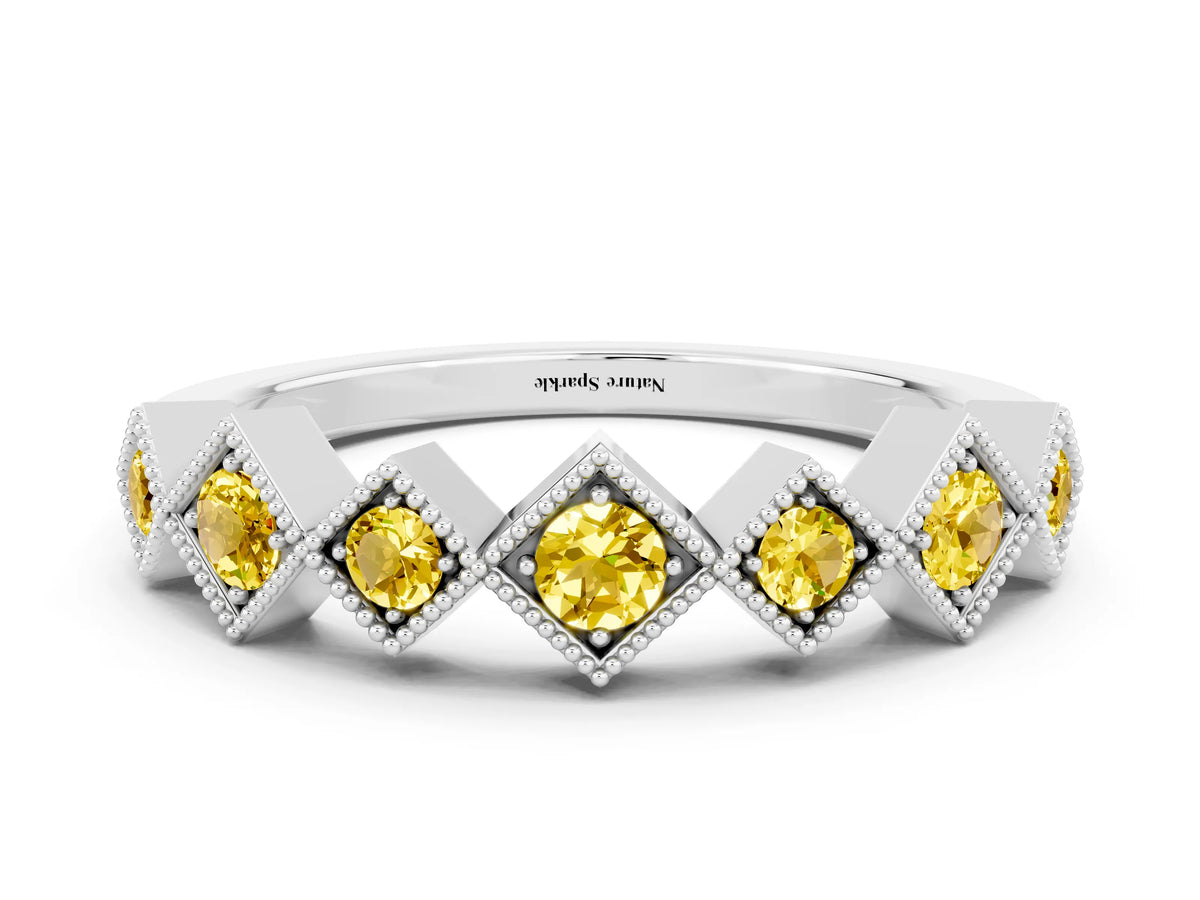 Round Yellow Sapphire Square Bezel Chevron Band in White gold with Milgrain Detailing
