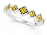 Round Yellow Sapphire Square Bezel Chevron Band in White gold with Milgrain Detailing_1