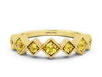 Round Yellow Sapphire Square Bezel Chevron Band in Yellow gold with Milgrain Detailing