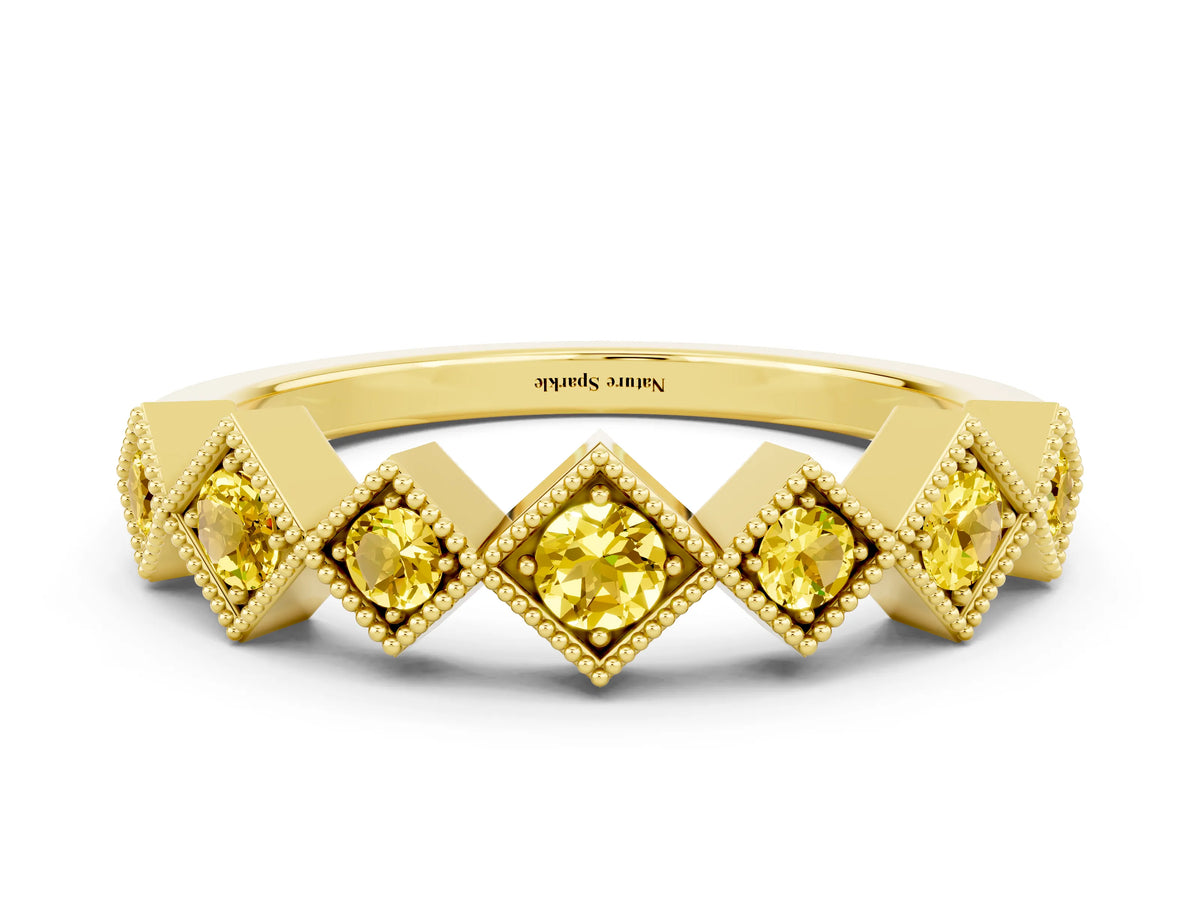 Round Yellow Sapphire Square Bezel Chevron Band in Yellow gold with Milgrain Detailing
