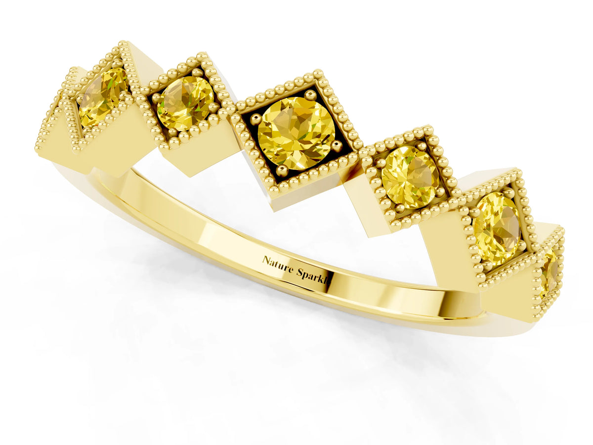 Round Yellow Sapphire Square Bezel Chevron Band in Yellow gold with Milgrain Detailing_1