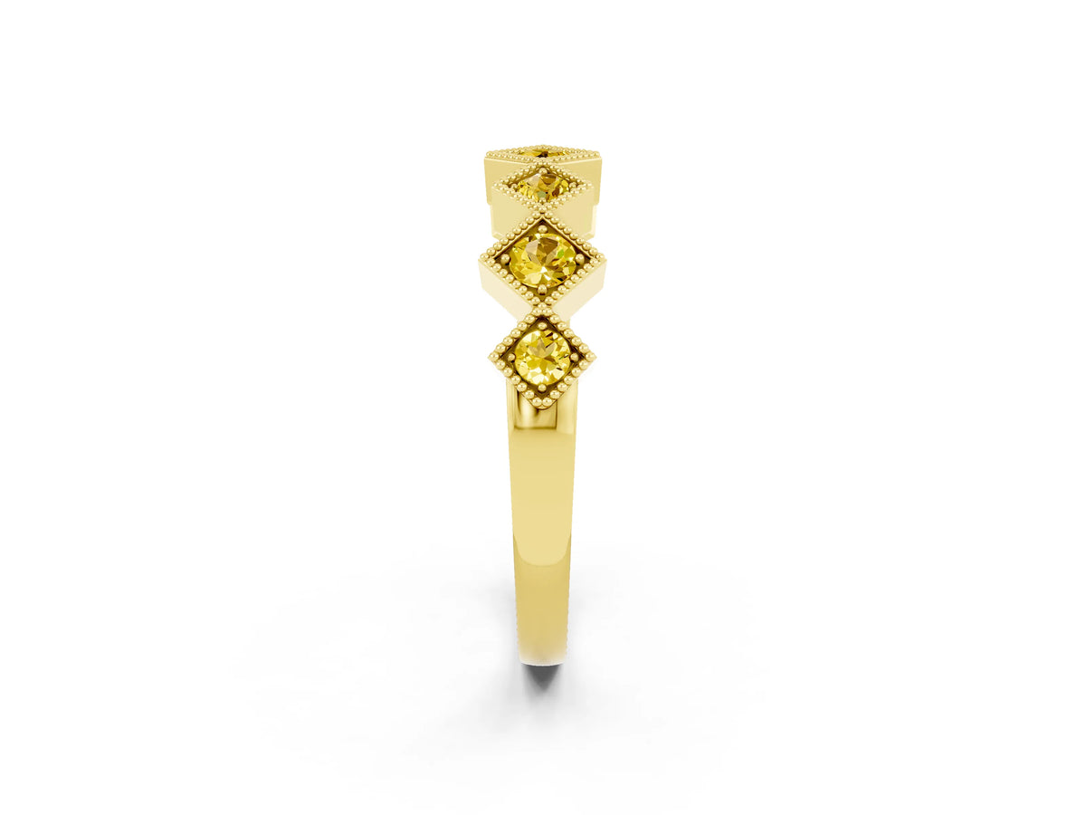 Round Yellow Sapphire Square Bezel Chevron Band in Yellow gold with Milgrain Detailing_2
