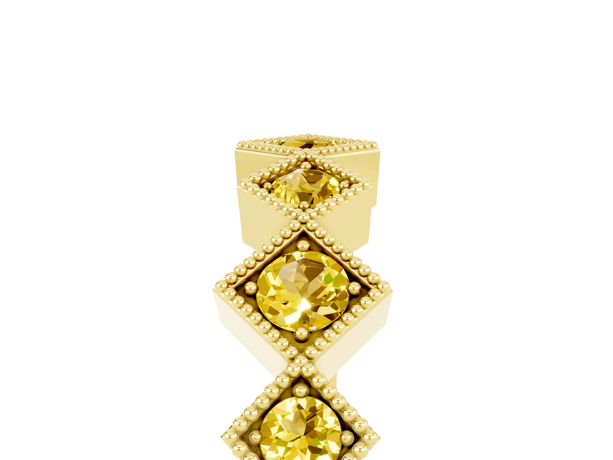 Round Yellow Sapphire Square Bezel Chevron Band in Yellow gold with Milgrain Detailing_5