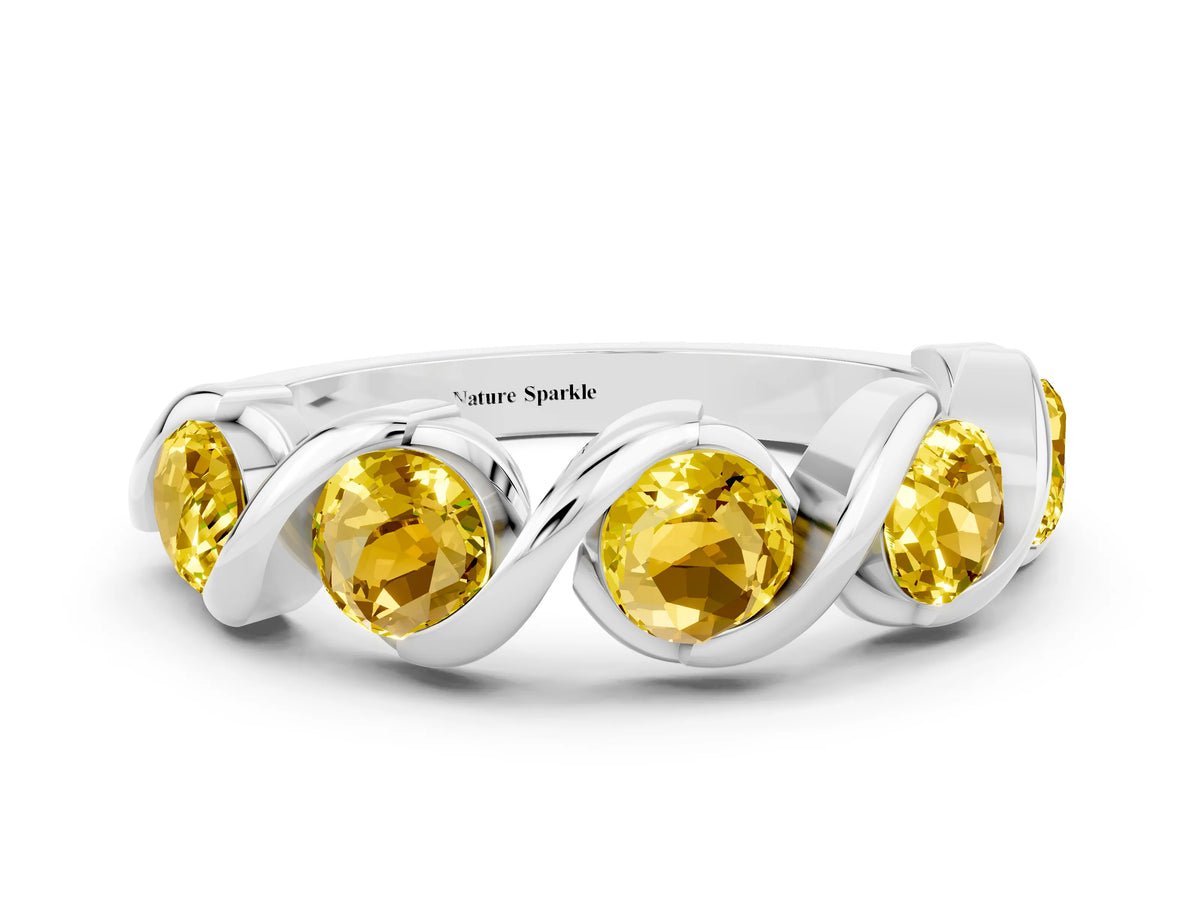 Round Yellow Sapphire Wave Band in White gold with Channel Setting and Shared Prongs