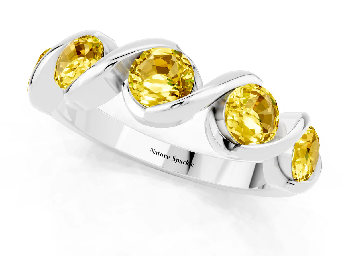 Round Yellow Sapphire Wave Band in White gold with Channel Setting and Shared Prongs_1