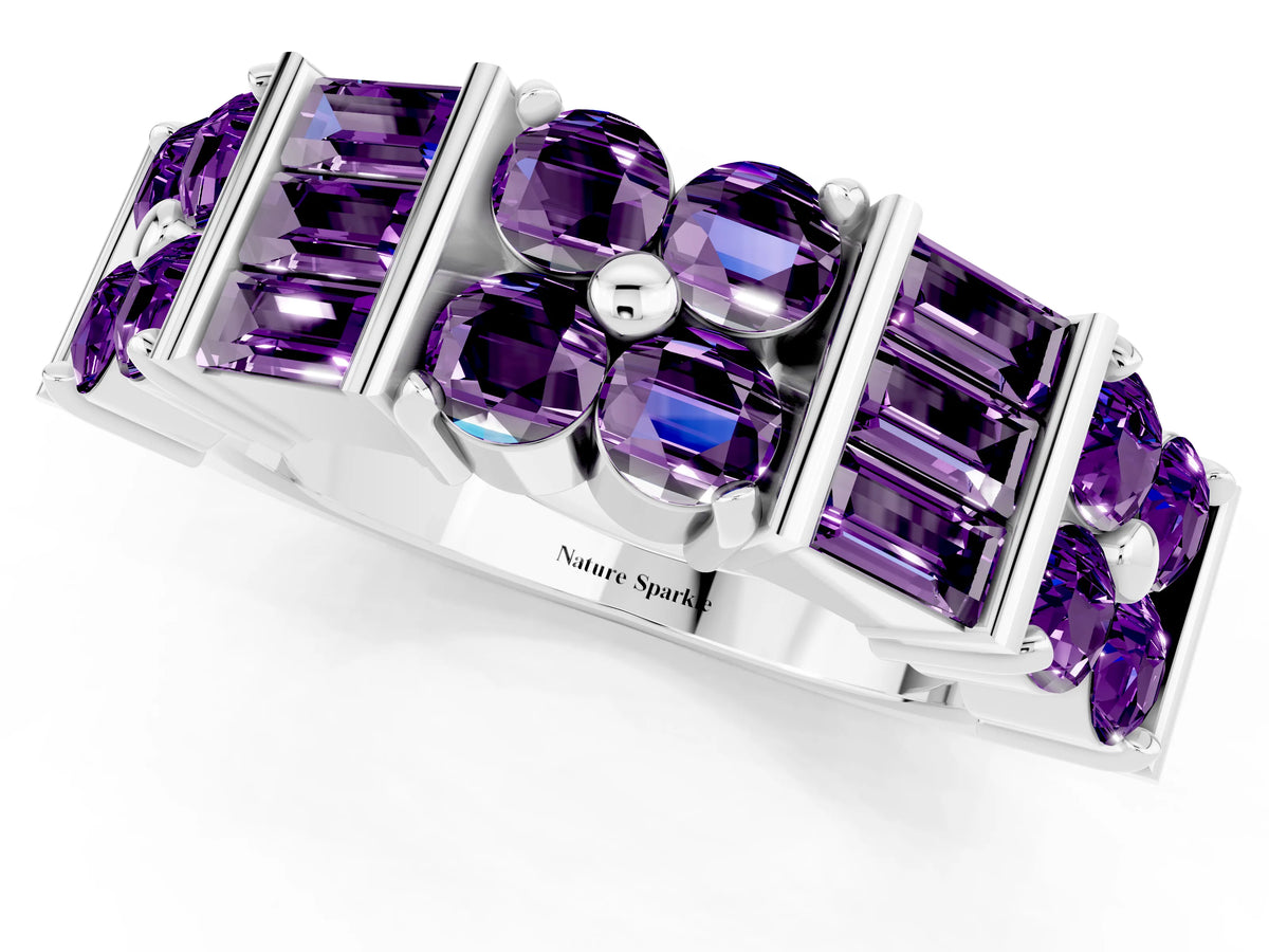Round and Baguette Amethyst Anniversary Band in Platinum with Channel and Prong Setting_1