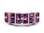 Round and Baguette Amethyst Anniversary Band in Rose gold with Channel and Prong Setting