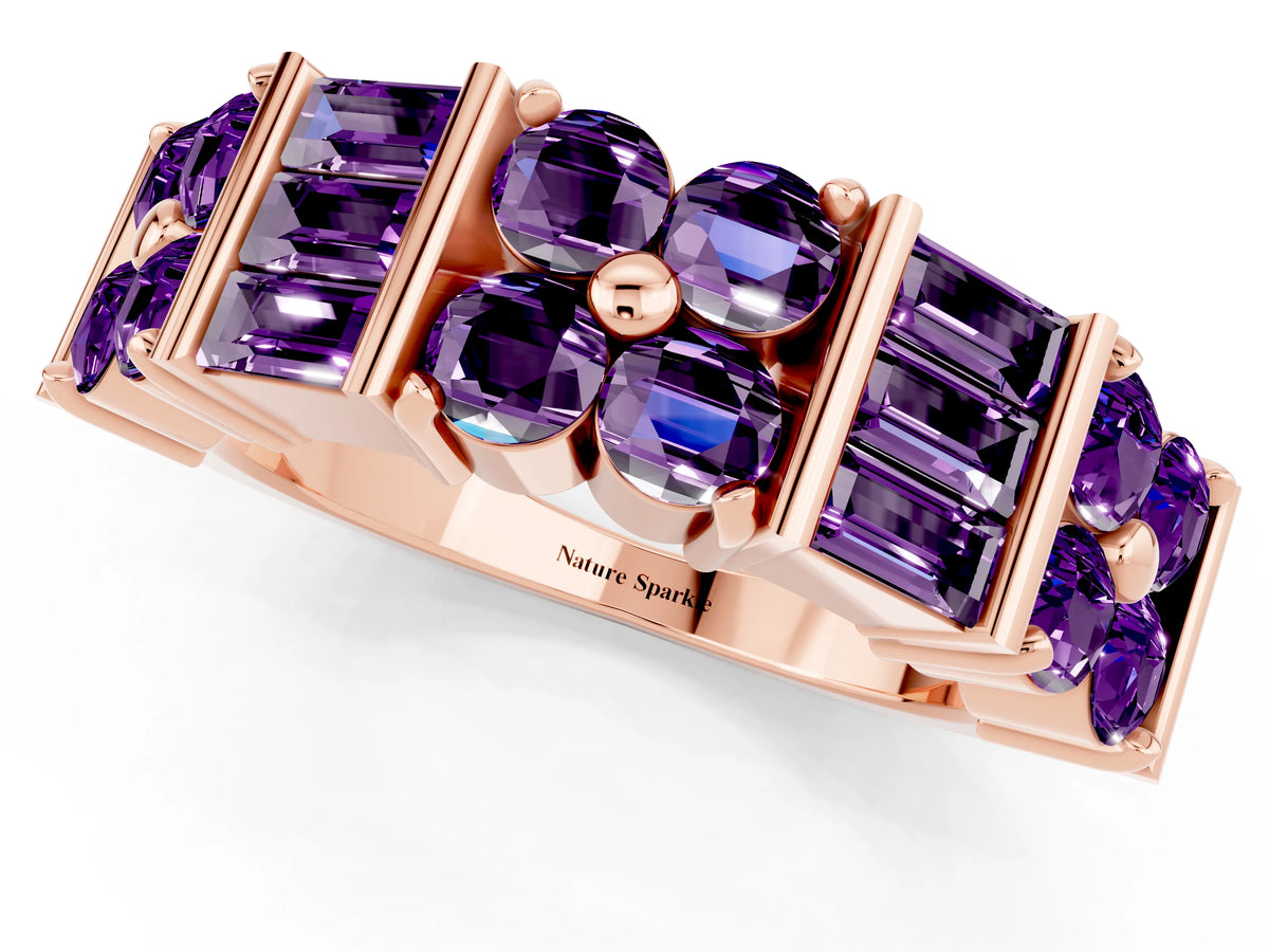 Round and Baguette Amethyst Anniversary Band in Rose gold with Channel and Prong Setting_1