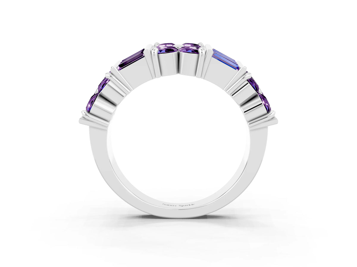 Round and Baguette Amethyst Anniversary Band in Silver with Channel and Prong Setting_3