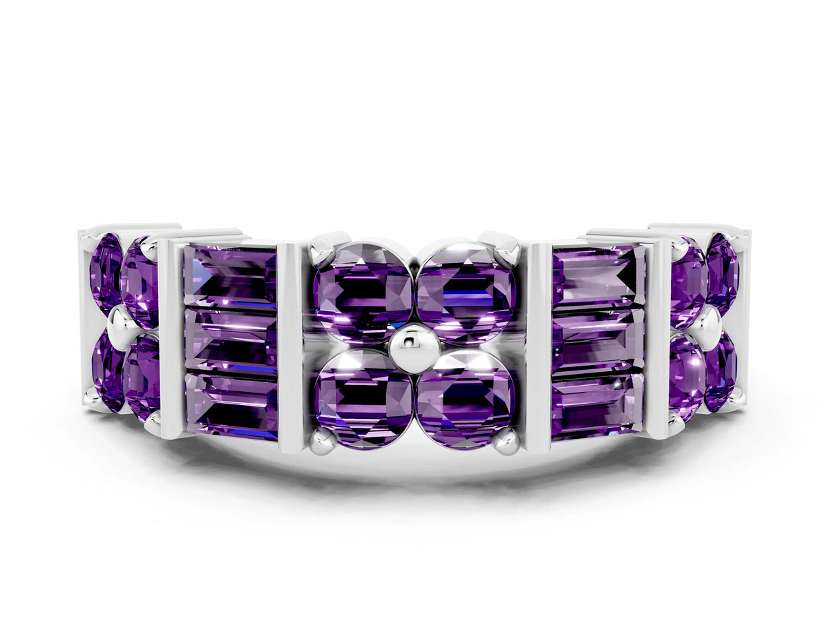 Round and Baguette Amethyst Anniversary Band in White gold with Channel and Prong Setting