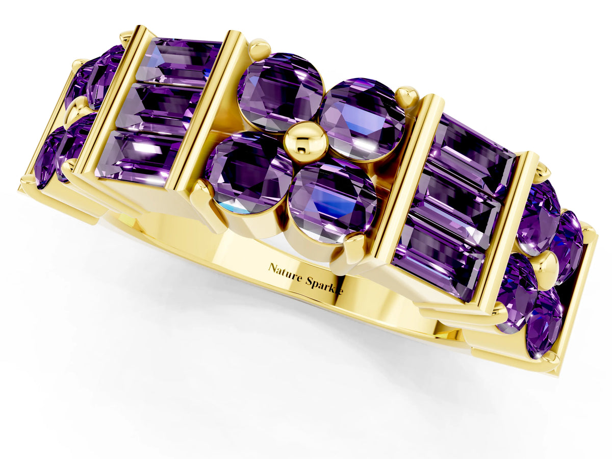 Round and Baguette Amethyst Anniversary Band in Yellow gold with Channel and Prong Setting_1