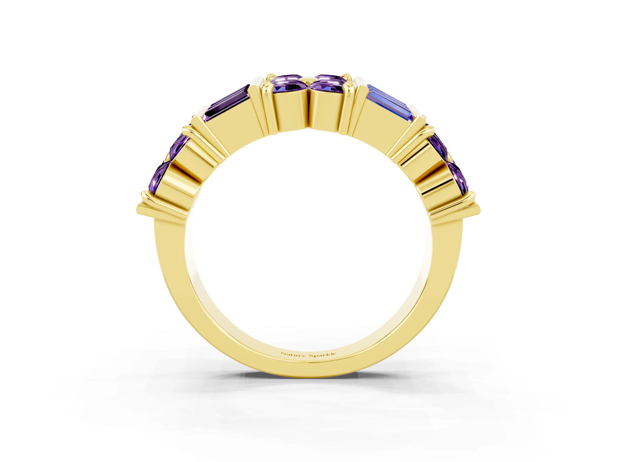 Round and Baguette Amethyst Anniversary Band in Yellow gold with Channel and Prong Setting_3