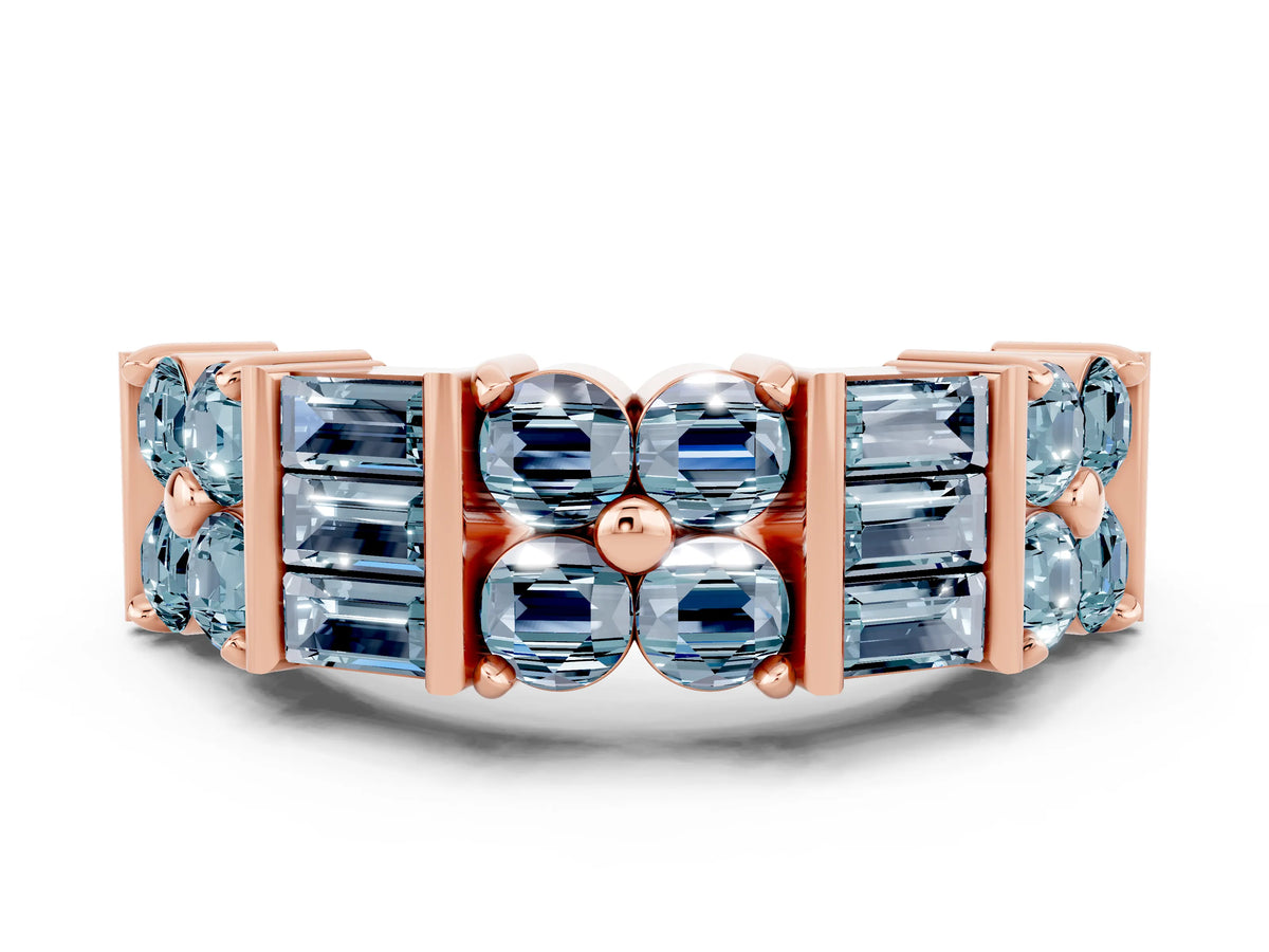 Round and Baguette Aquamarine Anniversary Band in Rose gold with Channel and Prong Setting