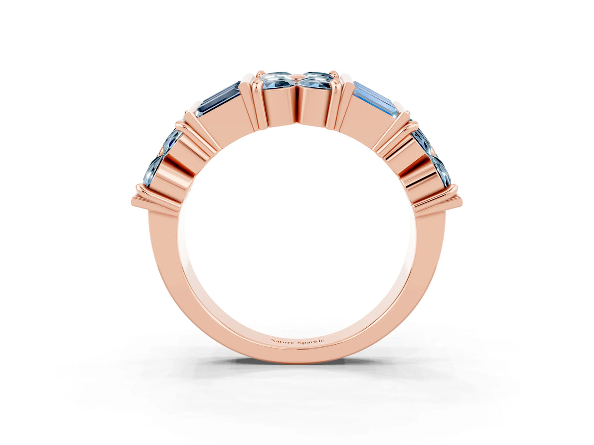 Round and Baguette Aquamarine Anniversary Band in Rose gold with Channel and Prong Setting_3