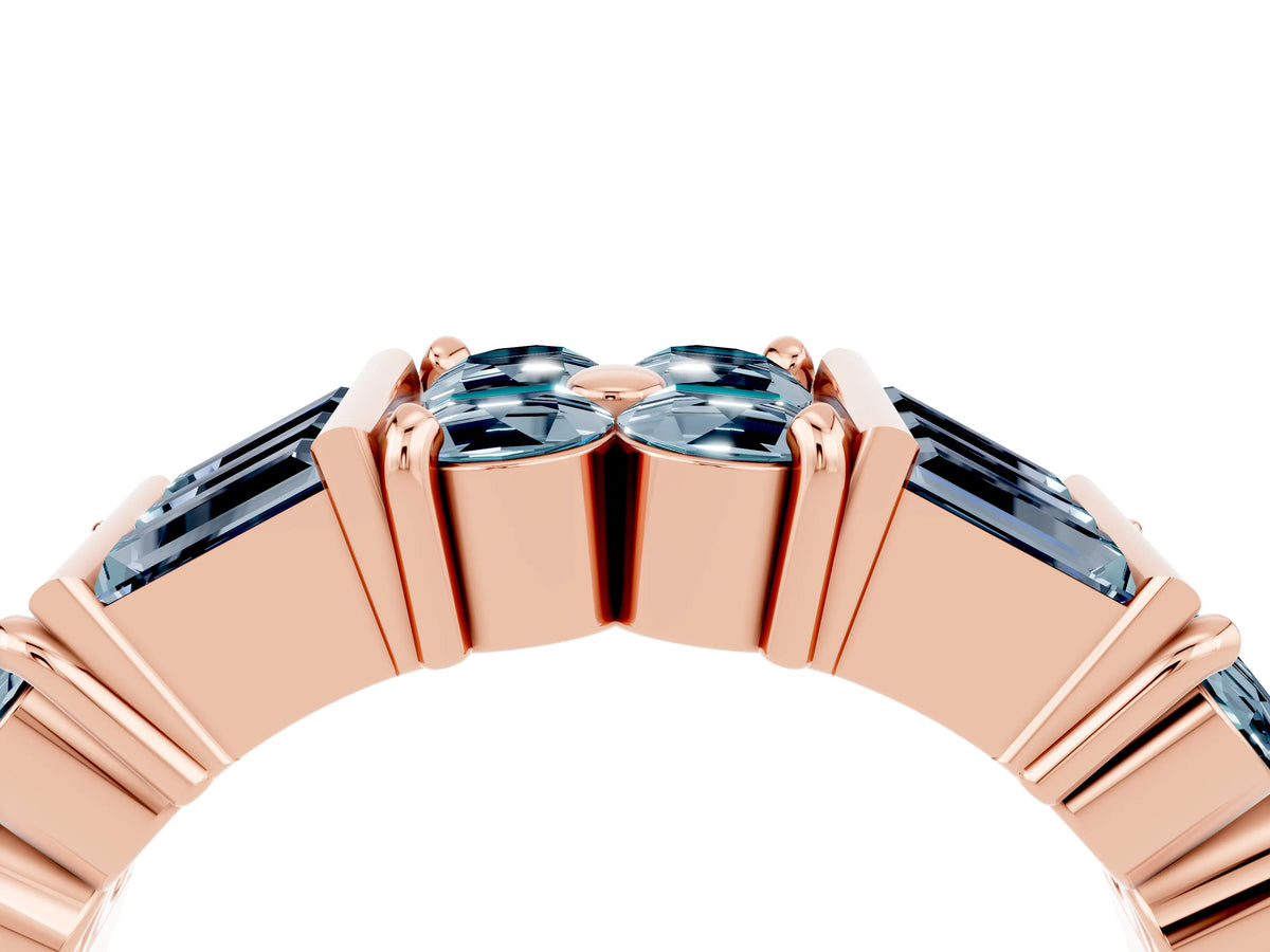Round and Baguette Aquamarine Anniversary Band in Rose gold with Channel and Prong Setting_4