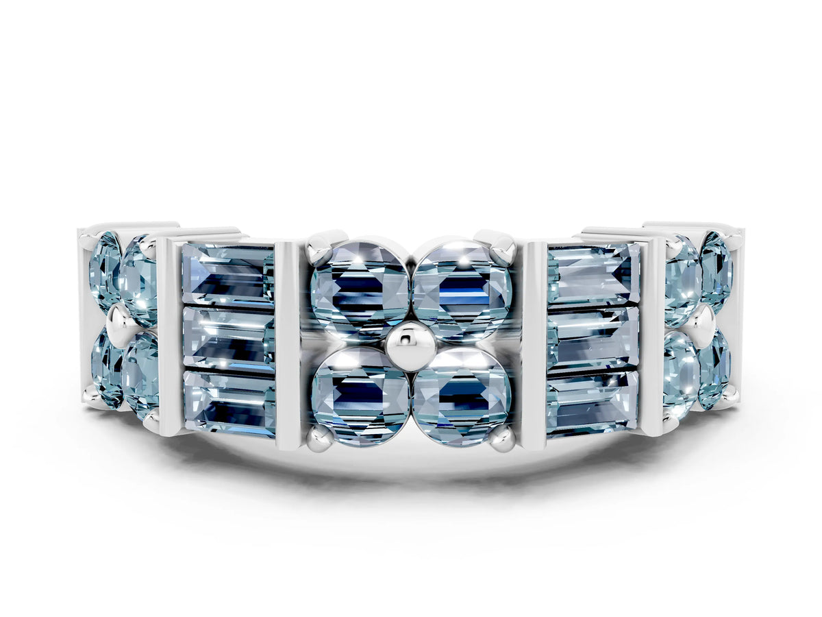 Round and Baguette Aquamarine Anniversary Band in Silver with Channel and Prong Setting