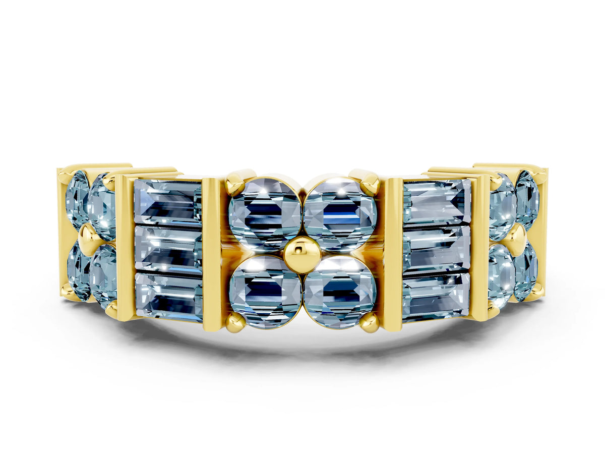 Round and Baguette Aquamarine Anniversary Band in Yellow gold with Channel and Prong Setting