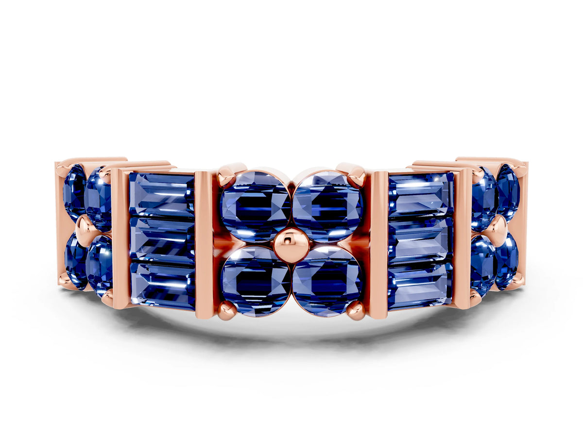 Round and Baguette Blue Sapphire Anniversary Band in Rose gold with Channel and Prong Setting