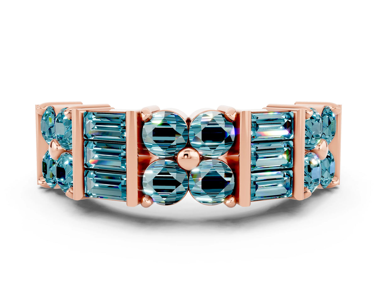 Round and Baguette Blue Topaz Anniversary Band in Rose gold with Channel and Prong Setting