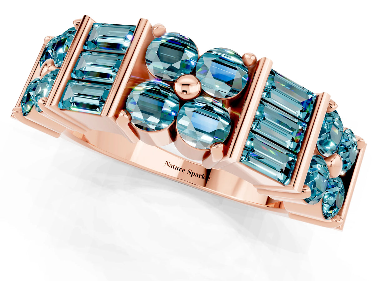 Round and Baguette Blue Topaz Anniversary Band in Rose gold with Channel and Prong Setting_1