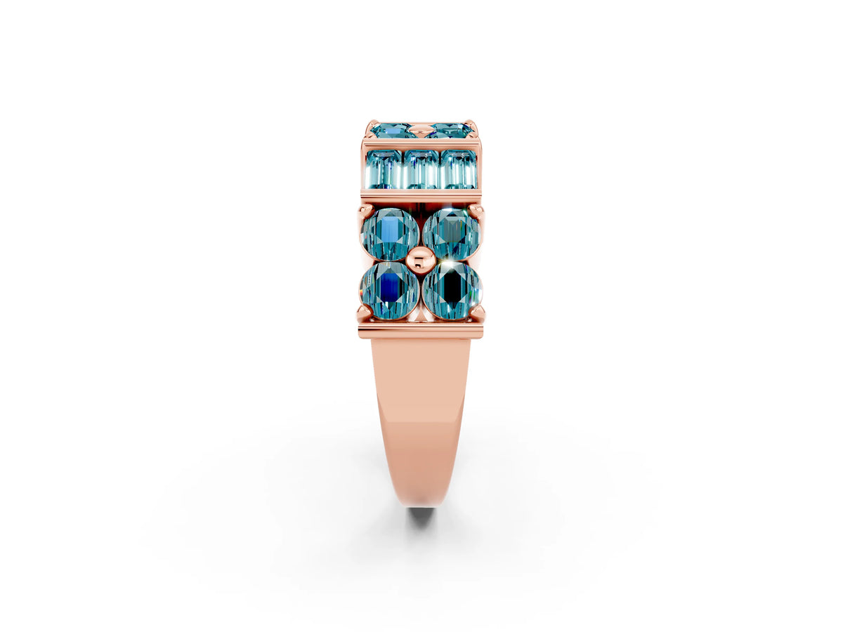 Round and Baguette Blue Topaz Anniversary Band in Rose gold with Channel and Prong Setting_2