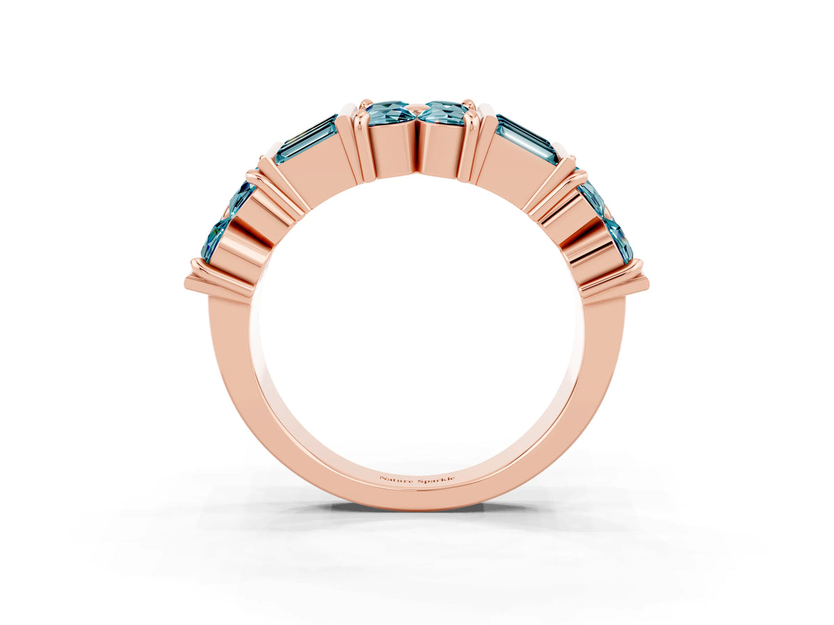 Round and Baguette Blue Topaz Anniversary Band in Rose gold with Channel and Prong Setting_3