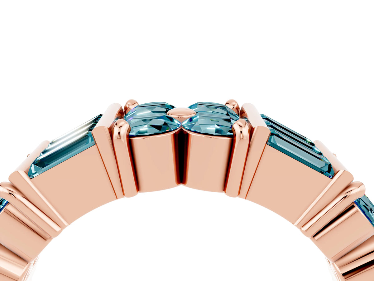 Round and Baguette Blue Topaz Anniversary Band in Rose gold with Channel and Prong Setting_4